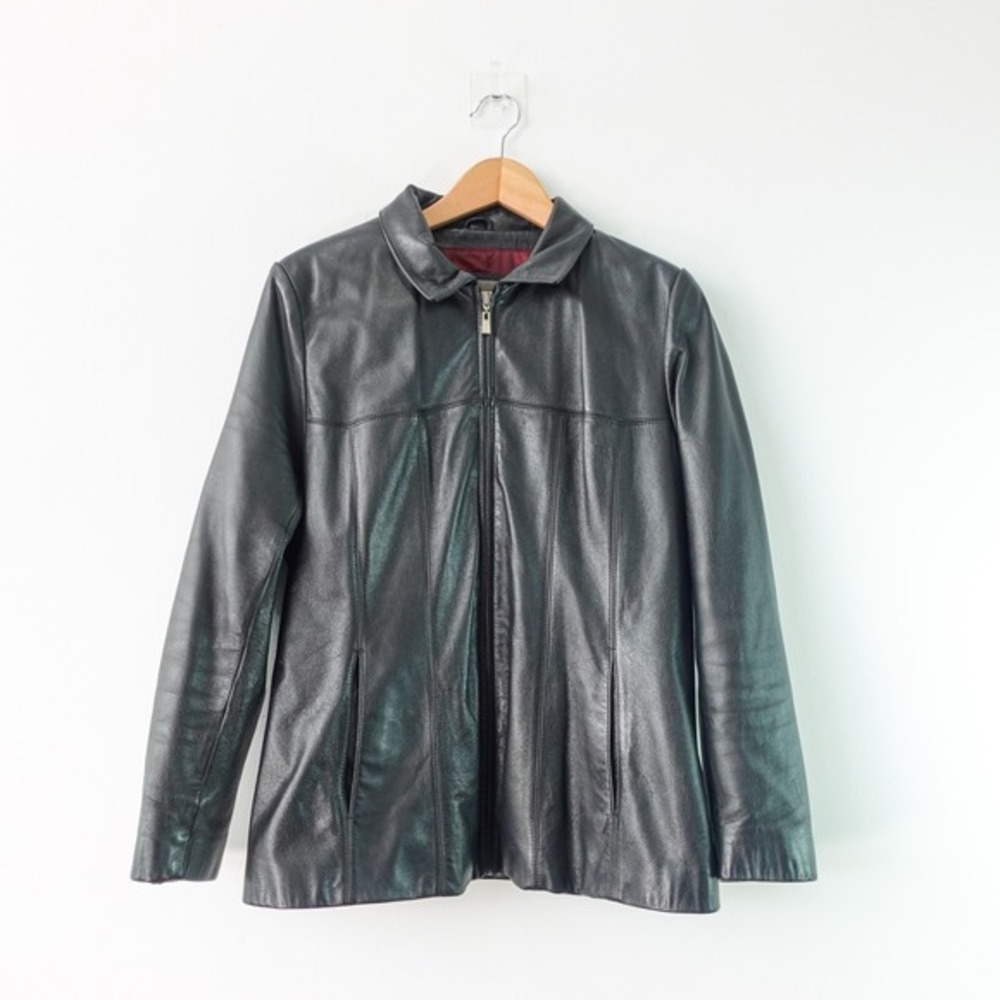 Y2K Genuine Leather Jacket Women LARGE Black Cyber Grunge Moto Racer Punk WILSON